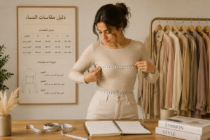 امرأة تأخذ قياساتها باستخدام شريط القياس لفهم مقاسات الملابس
