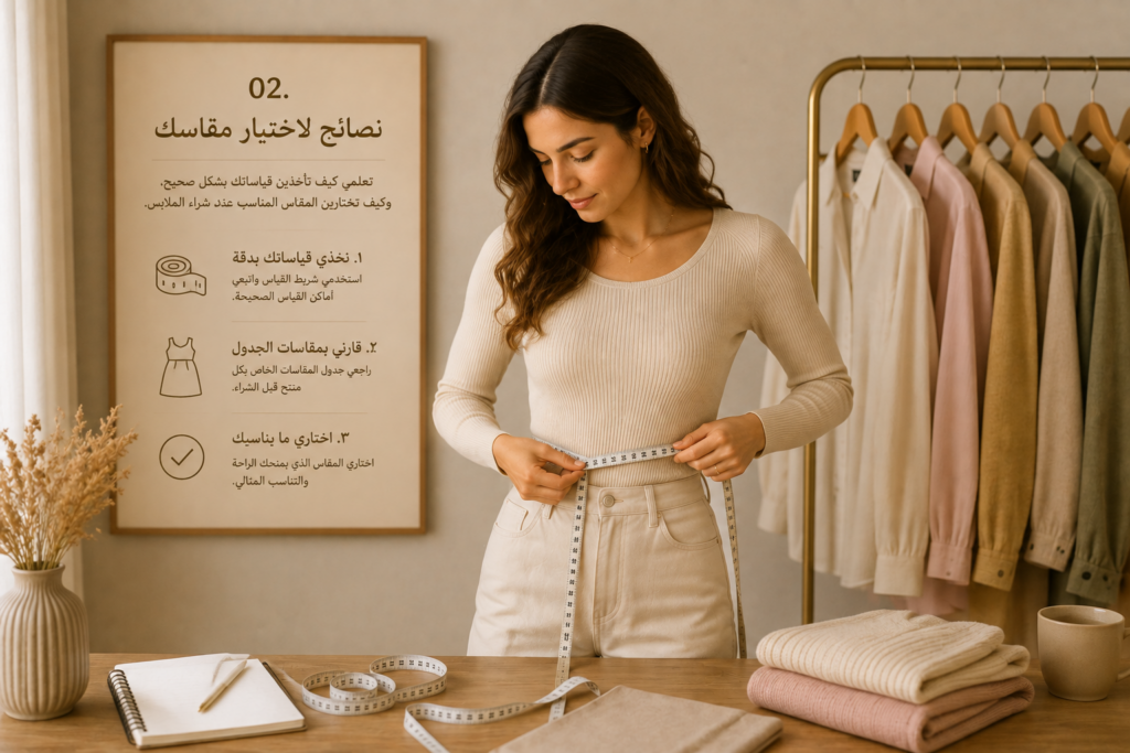 امرأة تأخذ قياسات جسمها لاختيار مقاس الملابس المناسب
